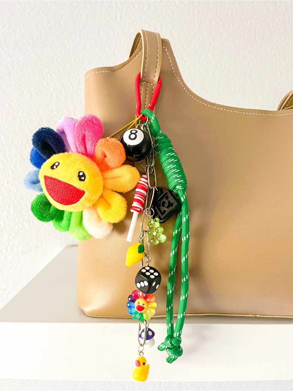 Rainbow Smiley Flower Bag Charm Keychain | Y2K Kawaii Purse Charm | Lucky 8 Ball
